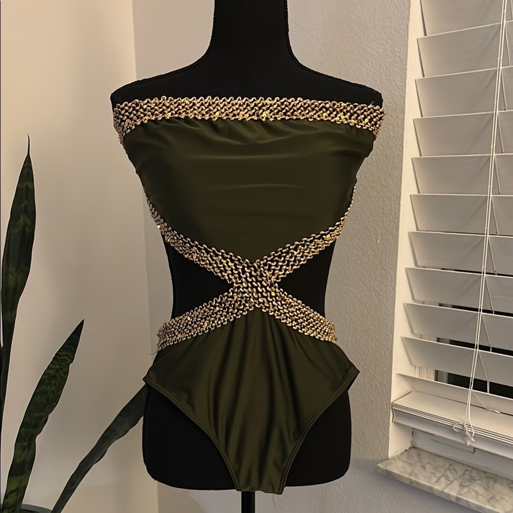 Chic Olive Green Swimsuit with Gold Sequin Accents
